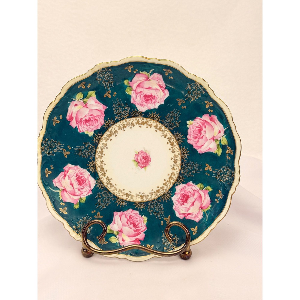Wheelock Austria Vienna Porcelain Plate Teal Pink Roses Gold Gilt 8.25 Inch